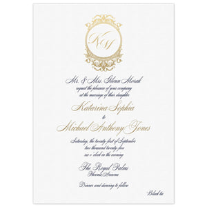 a white paper invitation with baroque gold circular crest and initials at the top and script black and gold font