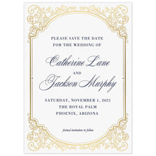 Load image into Gallery viewer, White save the date with gold scroll border, navy block writing and script font names. 