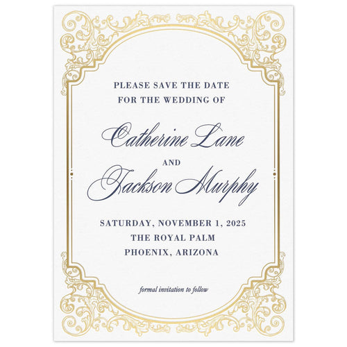 White save the date with gold scroll border, navy block writing and script font names. 