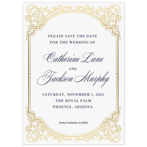 White save the date with gold scroll border, navy block writing and script font names. 