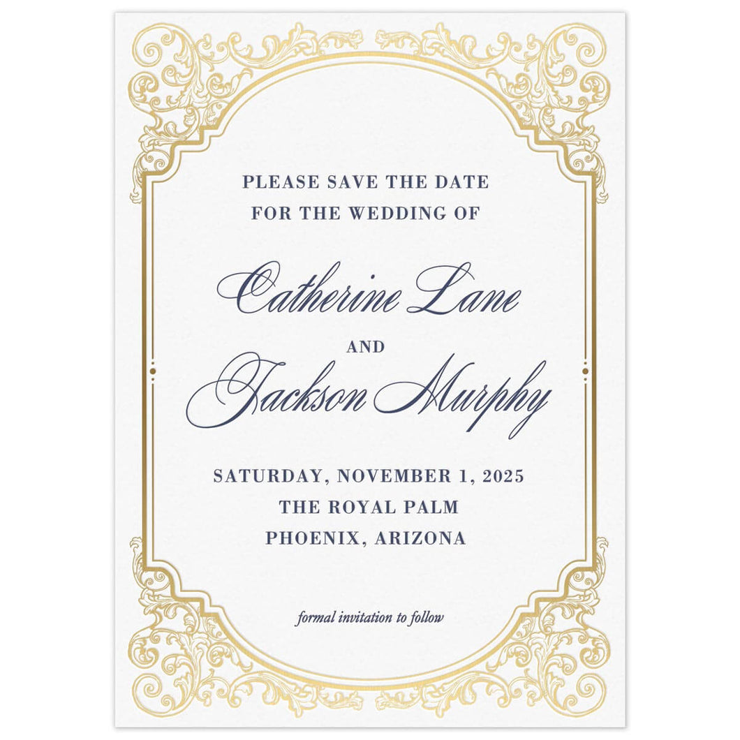 White save the date with gold scroll border, navy block writing and script font names. 