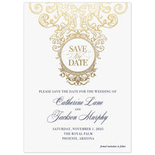 Load image into Gallery viewer, Gold scroll details on the top third of the card. A circle in the middle of the scrolls holding the words &quot;Save the date&quot;. Block and script font centered on the lower part of the card in navy.