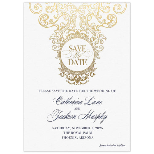 Gold scroll details on the top third of the card. A circle in the middle of the scrolls holding the words "Save the date". Block and script font centered on the lower part of the card in navy.