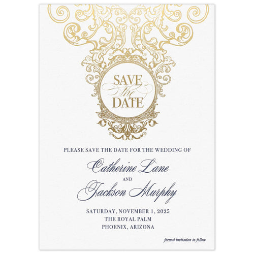 Gold scroll details on the top third of the card. A circle in the middle of the scrolls holding the words "Save the date". Block and script font centered on the lower part of the card in navy.