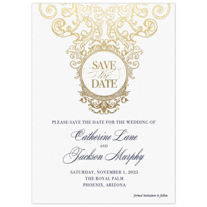 Gold scroll details on the top third of the card. A circle in the middle of the scrolls holding the words "Save the date". Block and script font centered on the lower part of the card in navy.