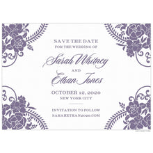 Load image into Gallery viewer, White paper save the date with purple baroque flowers on the corners. Centered purple script and block font.