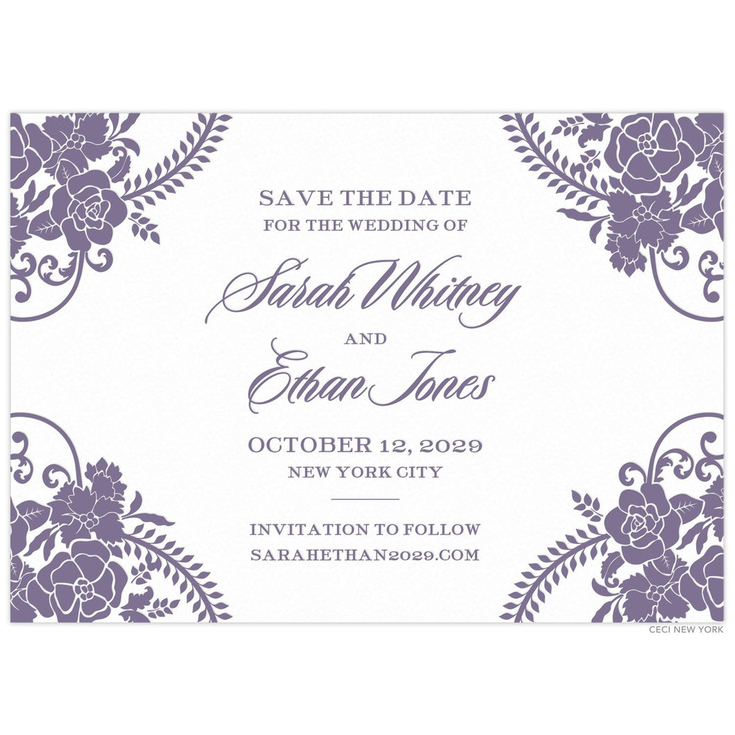 White paper save the date with purple baroque flowers on the corners. Centered purple script and block font.