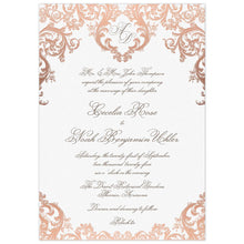 Load image into Gallery viewer, a white paper invitation with baroque rococo rose gold monogram at the top and bottom and dark gray script font