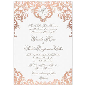 a white paper invitation with baroque rococo rose gold monogram at the top and bottom and dark gray script font