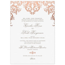 Load image into Gallery viewer, Pink baroque scroll design on the top of the invitation. Grey block and script font centered on the card. Small rose gold flourish separating copy.