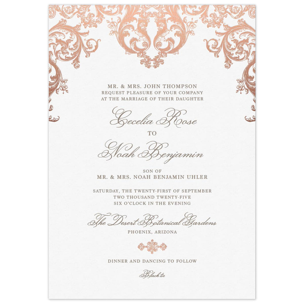 Pink baroque scroll design on the top of the invitation. Grey block and script font centered on the card. Small rose gold flourish separating copy.