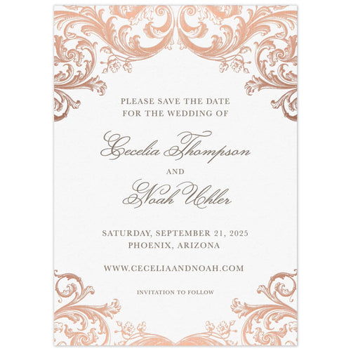 Rose gold baroque scrolls on the top and bottom of the card. Block and script font in grey centered on the page.
