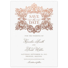 Load image into Gallery viewer, Opulent baroque design in rose gold holding the words &quot;Save the date&quot; on the top half of the card. Block and script copy in grey underneath the design.