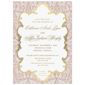 Full pink baroque pattern behind a gold frame with white center. Block and script font in gold in the center of the frame.