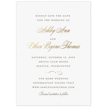 Load image into Gallery viewer, White paper save the date with pewter letterpress in block type with gold foil script and a flourish 