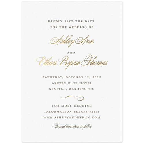 White paper save the date with pewter letterpress in block type with gold foil script and a flourish 