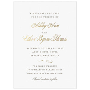 White paper save the date with pewter letterpress in block type with gold foil script and a flourish 