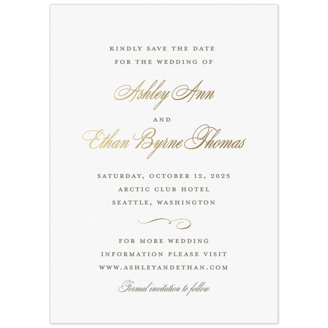 White paper save the date with pewter letterpress in block type with gold foil script and a flourish 