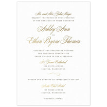 Load image into Gallery viewer, White paper invitation with pewter letterpress in block type with gold foil script and a flourish 