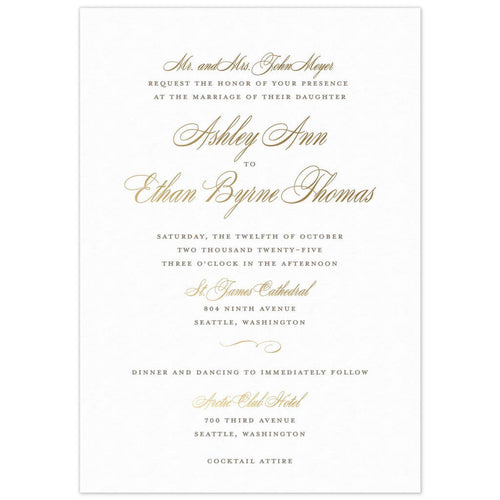 White paper invitation with pewter letterpress in block type with gold foil script and a flourish 