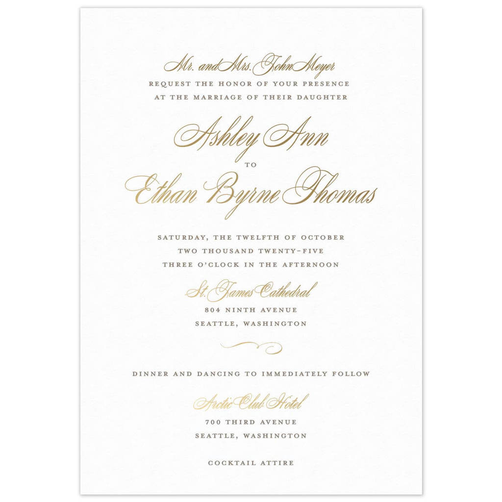 White paper invitation with pewter letterpress in block type with gold foil script and a flourish 