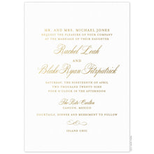 Load image into Gallery viewer, White paper invitation with gold foil script with a flourish centered at the bottom