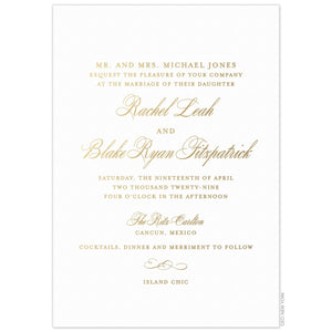 White paper invitation with gold foil script with a flourish centered at the bottom