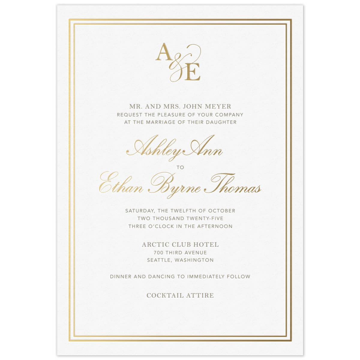 a white paper invitation with gold borders and gold initials at the top and gold script and black block fonts