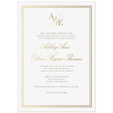 Load image into Gallery viewer, a white paper invitation with gold borders and gold initials at the top and gold script and black block fonts