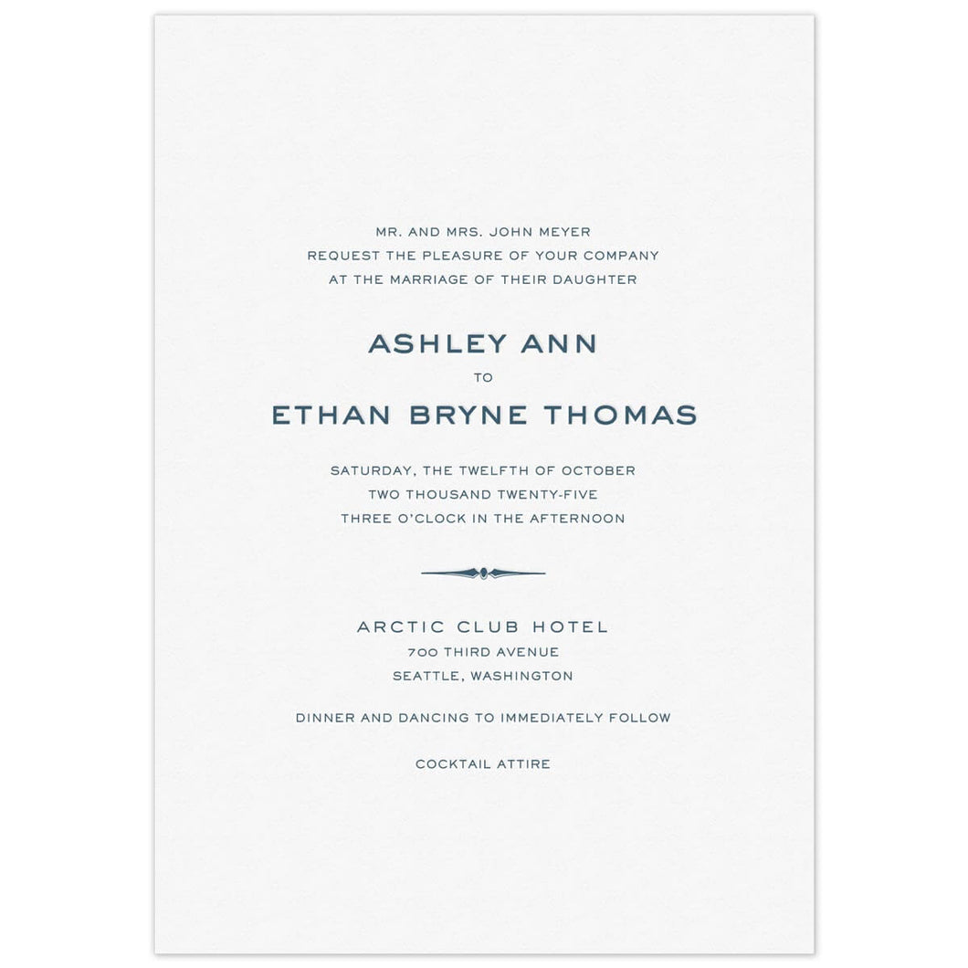 Simple white card with navy block copy centered with a line flourish.