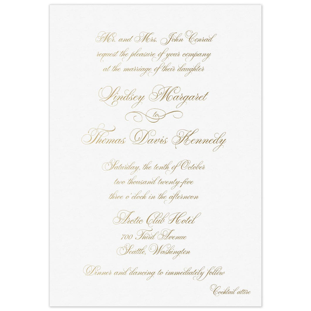 White invitation with gold script copy, centered on the page.