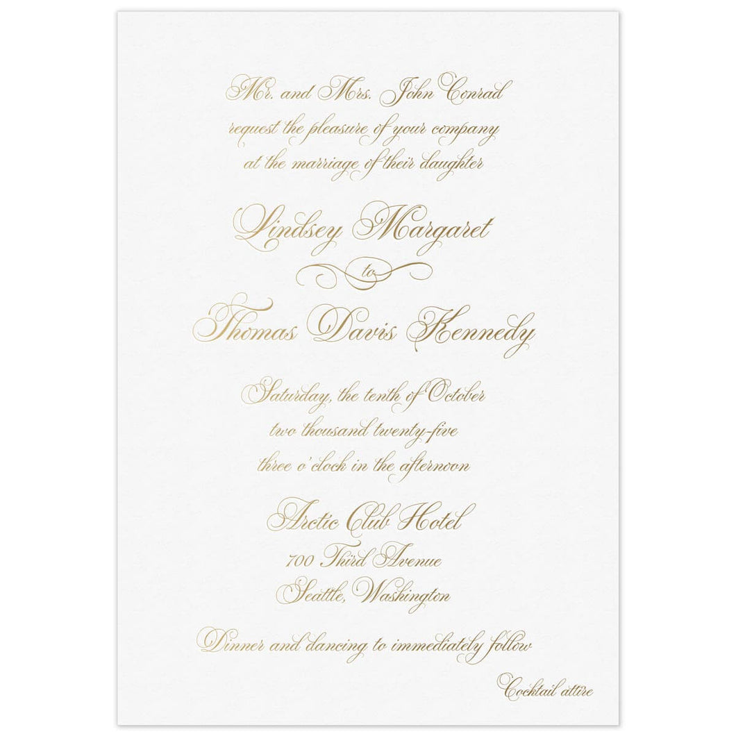 White invitation with gold script copy, centered on the page.