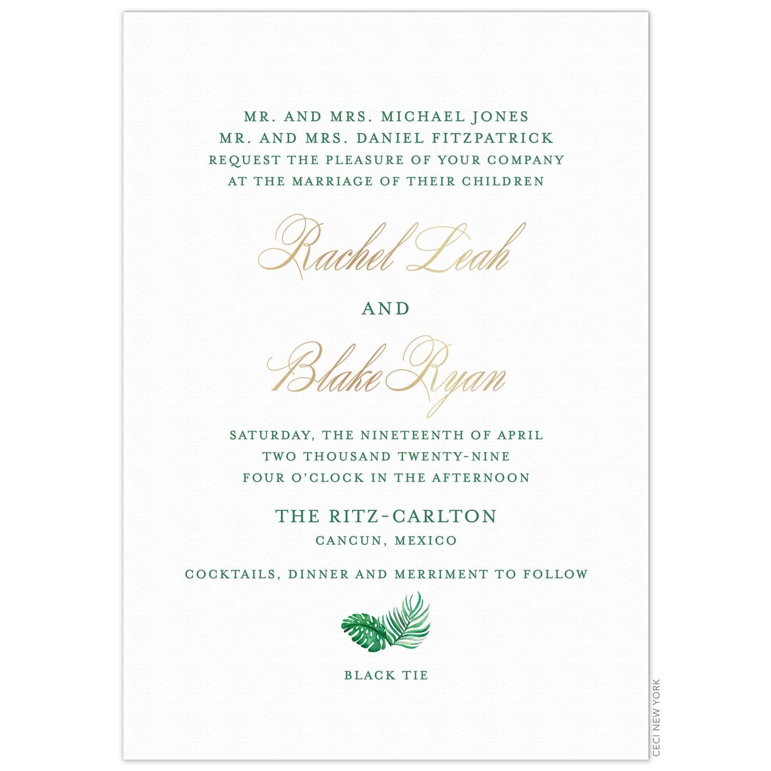 White invitation with green block font, gold script font and two palm flourishes.