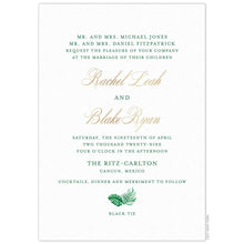 Load image into Gallery viewer, White invitation with green block font, gold script font and two palm flourishes.