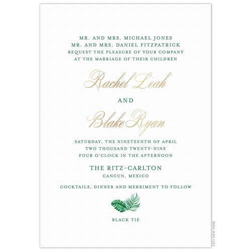 White invitation with green block font, gold script font and two palm flourishes.