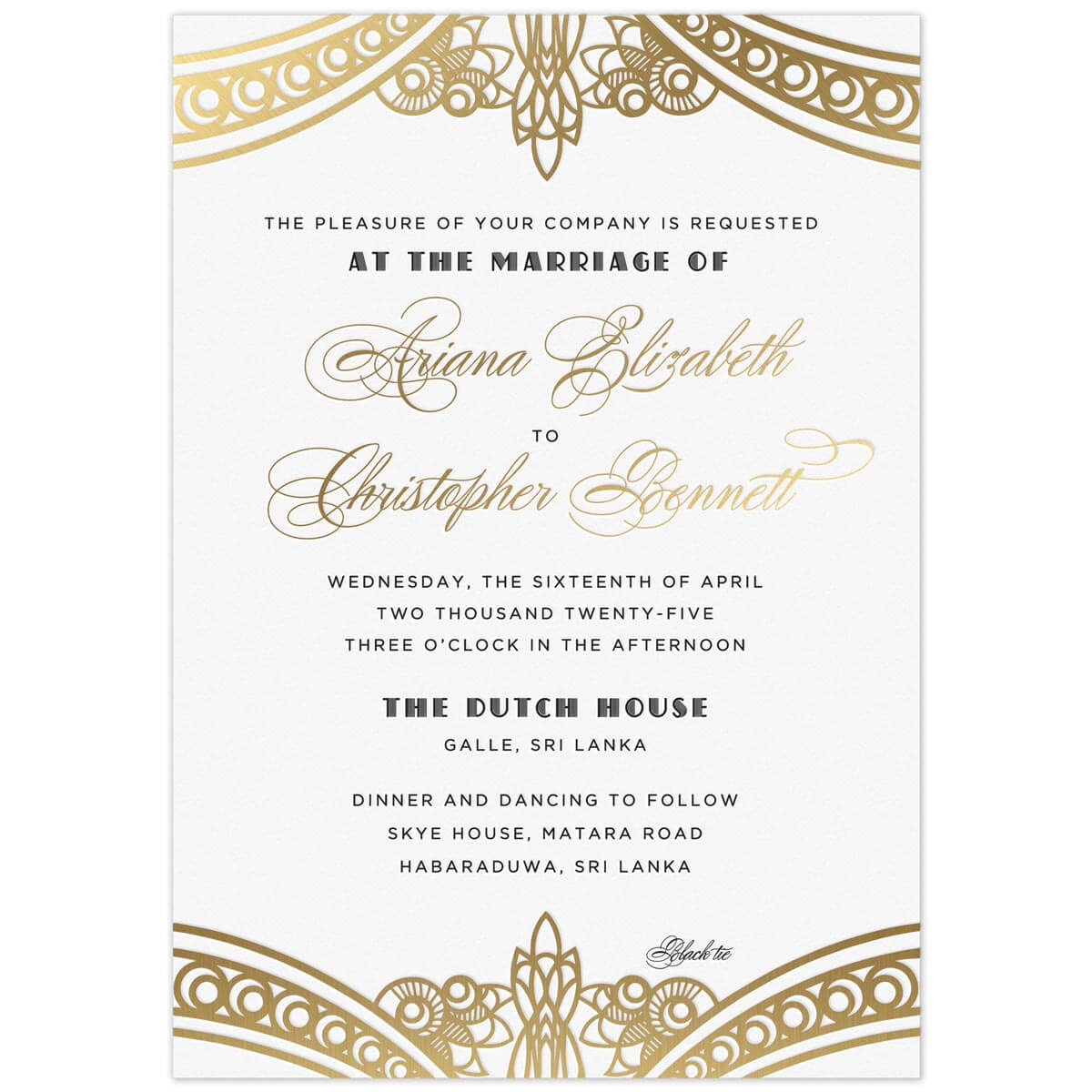 Deco design at the top and bottom of the card. Block, script and deco font centered on the card.