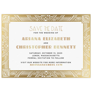 Ornate deco border design in gold foil. Deco font and block fonts in gold and black centered on the page.