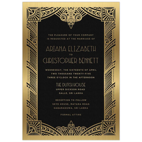 Black invitation with ornate gold deco border design. Block and deco font centered on the invitation in gold foil.
