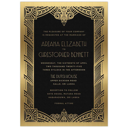 Black invitation with ornate gold deco border design. Block and deco font centered on the invitation in gold foil.