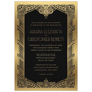 Black invitation with ornate gold deco border design. Block and deco font centered on the invitation in gold foil.