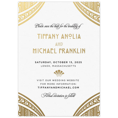 White save the date with ornate gold deco corner design. Block and deco font centered on the save the date in gold foil and black letterpress.
