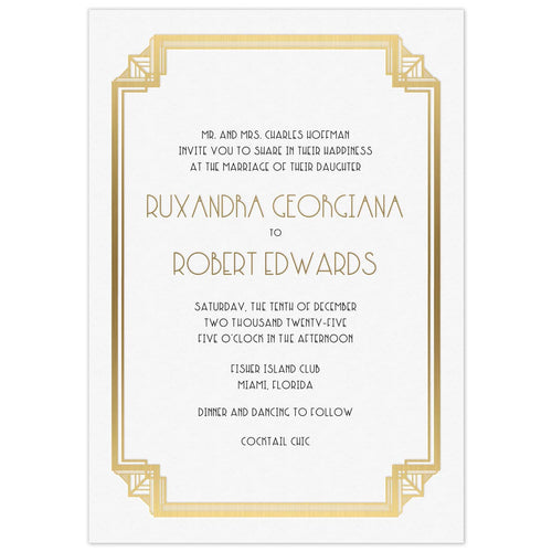 White invitation with gold deco border design, black deco font and gold deco font