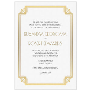 White invitation with gold deco border design, black deco font and gold deco font