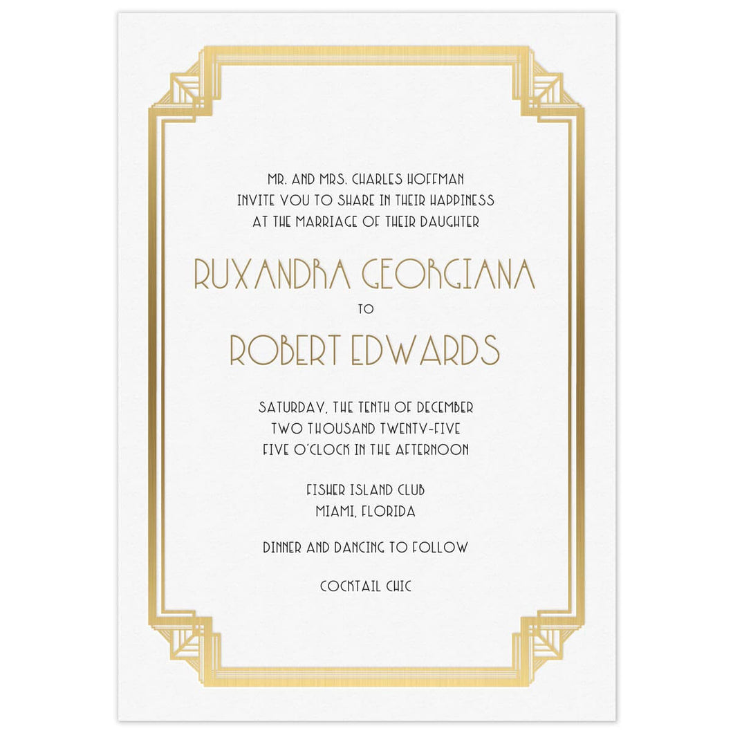 White invitation with gold deco border design, black deco font and gold deco font