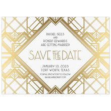 Load image into Gallery viewer, Save the date with lots of geometric lines, making a a deco pattern. Deco font centered in the middle of the save the date. 