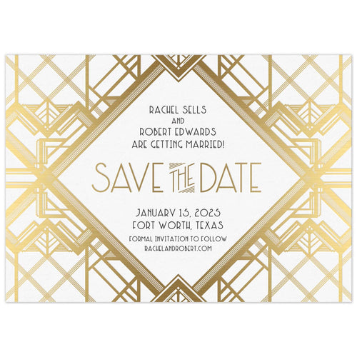 Save the date with lots of geometric lines, making a a deco pattern. Deco font centered in the middle of the save the date. 