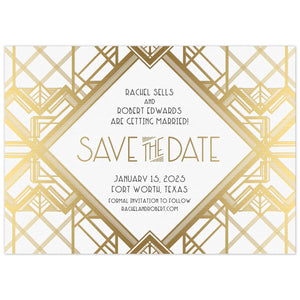 Save the date with lots of geometric lines, making a a deco pattern. Deco font centered in the middle of the save the date. 