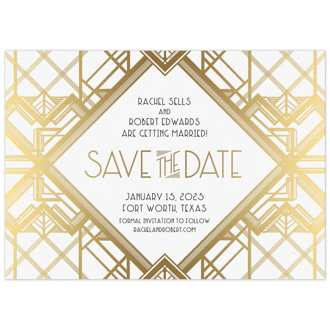 Save the date with lots of geometric lines, making a a deco pattern. Deco font centered in the middle of the save the date. 