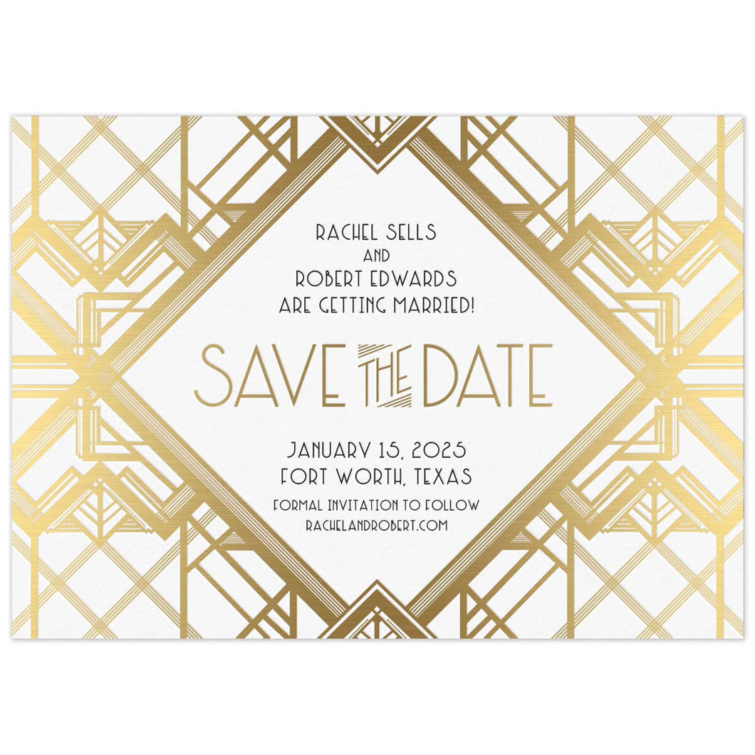 Save the date with lots of geometric lines, making a a deco pattern. Deco font centered in the middle of the save the date. 