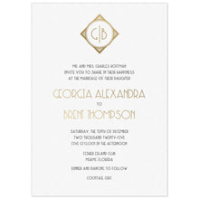 Load image into Gallery viewer, a white paper invitation featuring a gold monogram at the top and an art deco style gold and black font 